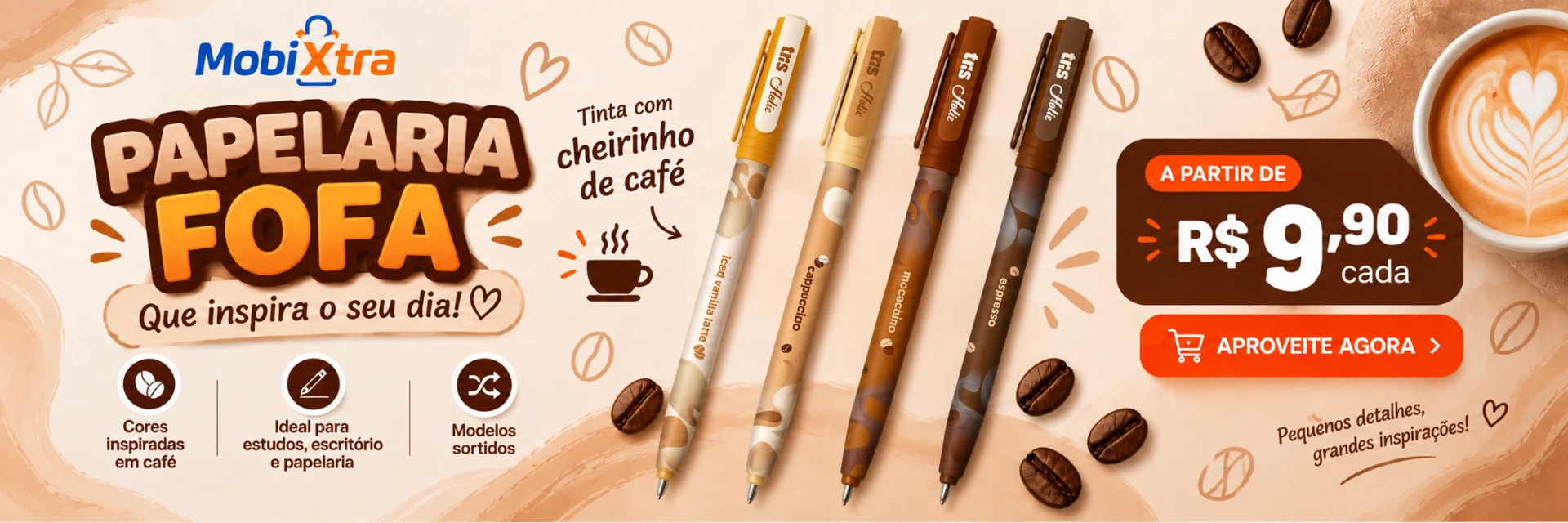 Papelaria fofa MobiXtra: canetas com tinta perfumada de café a partir de R$ 9,90